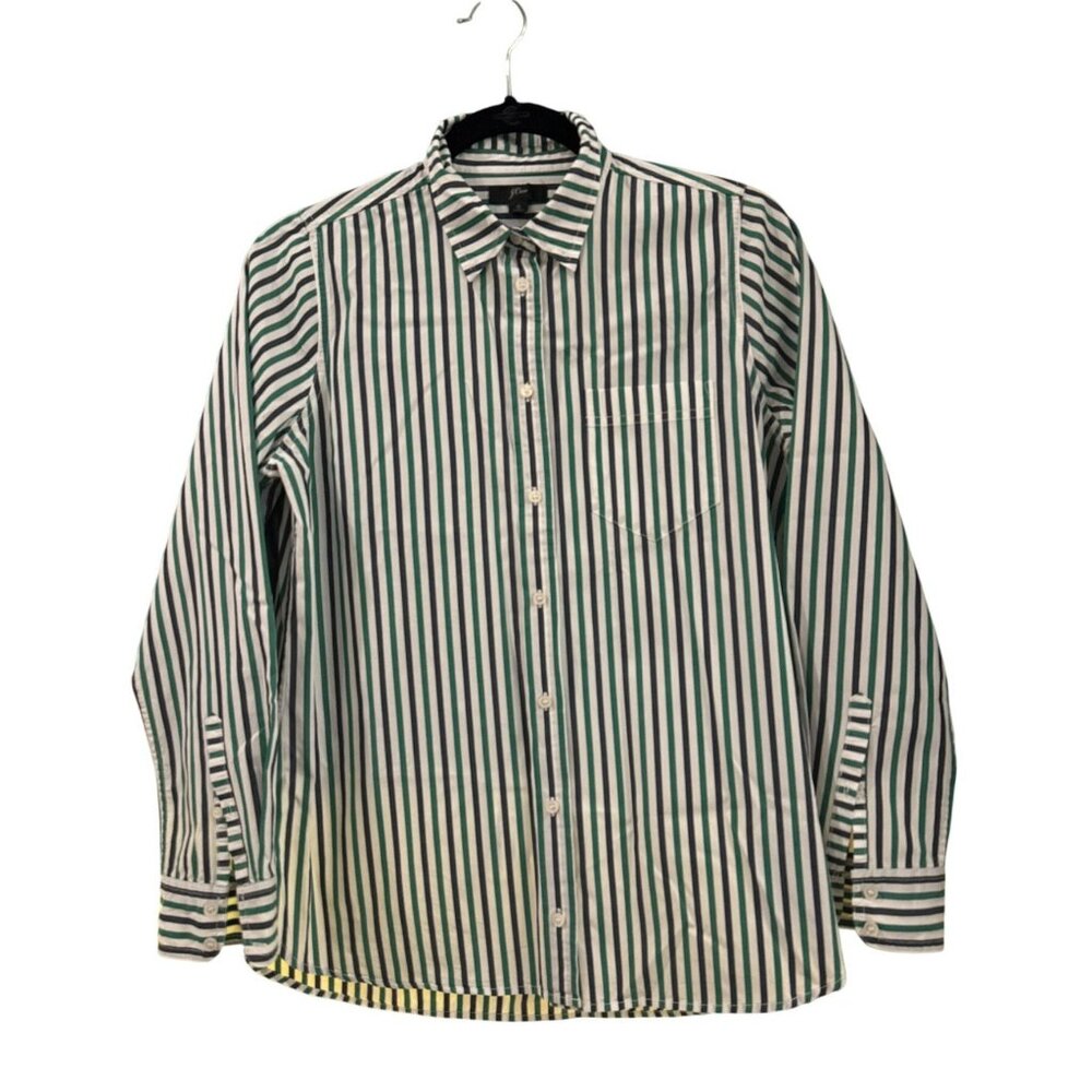 J.Crew Womens Striped Button-Down Long-Sleeve Shirt Size 6 Green Navy Blue White